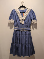 (0425RR3713) Baby Blue Square Dancing Lace Trim Belted Dress