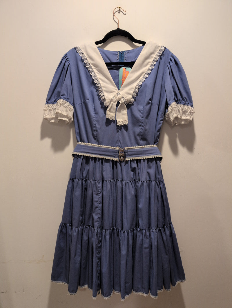 (0425RR3713) Baby Blue Square Dancing Lace Trim Belted Dress