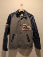 (0625RR3784) Vintage Varsity Patch Jacket Blue Leather Sleeve Grey Felt