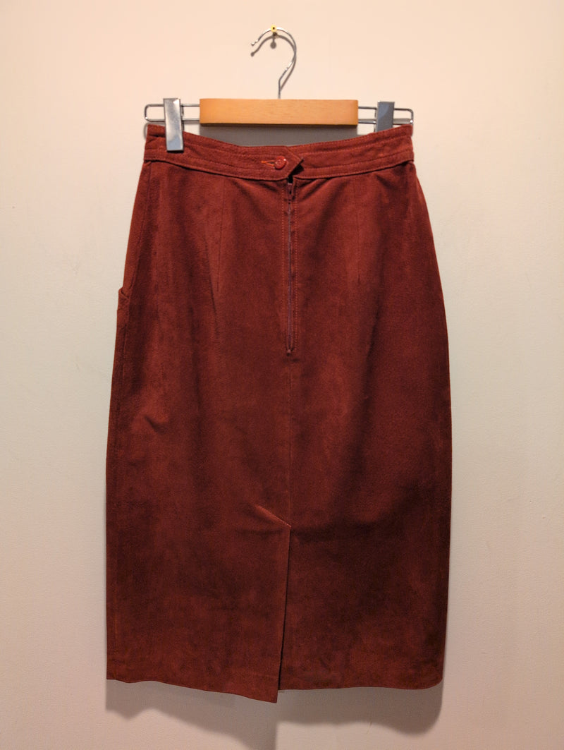 (0425RR3715) Vintage Red Suede Leather Midi Pencil Skirt