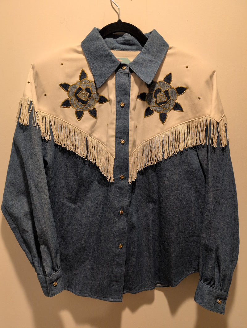 (1224RR3509) Vintage Western Fring Floral Embroidered Gold Star Button Down