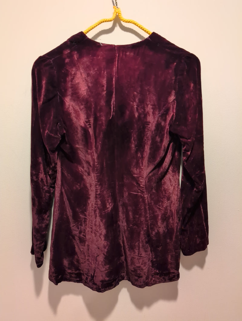 (0225RR3591) Handmade Vintage Crushed Velvet Burgundy Button Blouse