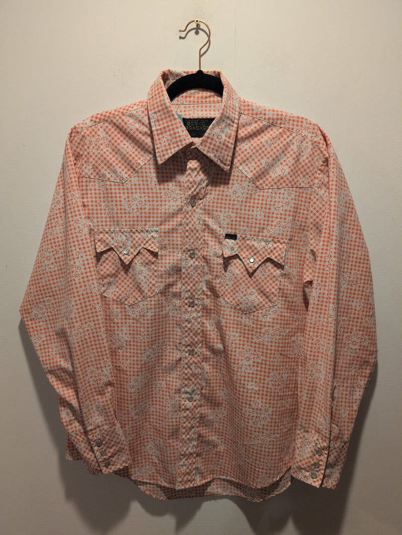 (0525RR3741) Vintage Bar-M Rancher Floral Gingham Pattern Saw Tooth Pocket Pearl Snap Shirt