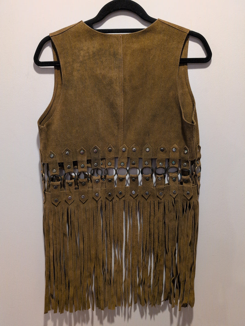 (0225RR3626) 1970s Vintage Suede Leather Western Vest O-Ring Hardware Fringe