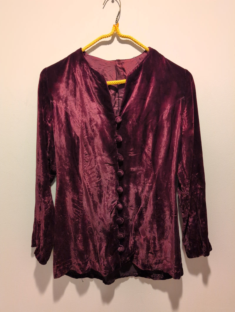 (0225RR3591) Handmade Vintage Crushed Velvet Burgundy Button Blouse