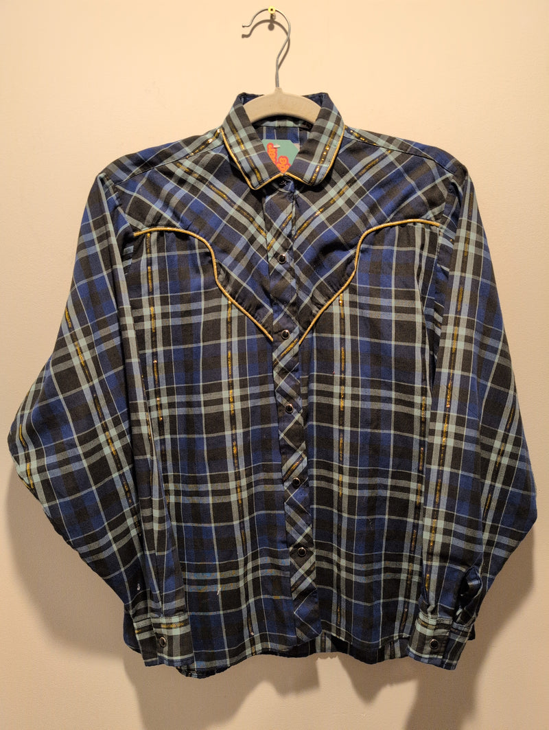 (1224RR3528) Vintage Western Blue Gold Plaid Pearl Snap Long Sleeve