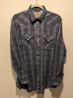 (1224RR3525) Vintage Western Craft Blue Plaid Pearl Snap Long Sleeve