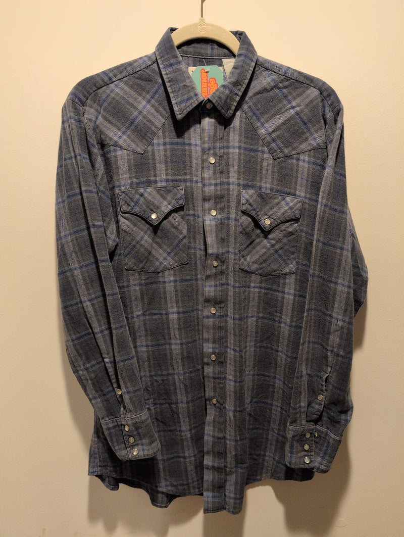 (1224RR3525) Vintage Western Craft Blue Plaid Pearl Snap Long Sleeve