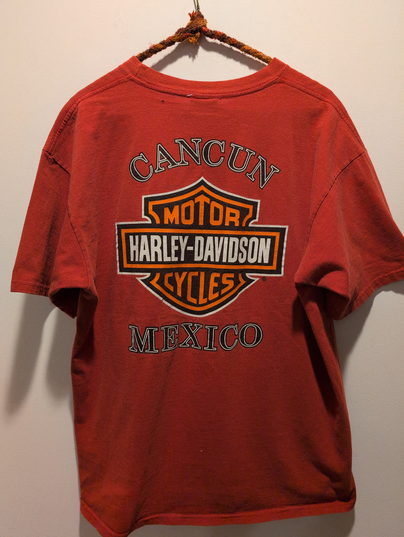 (0125RR3567) Vintage Harley Davidson Cancun Mexico Tribal Design Red Graphic T-Shirt*