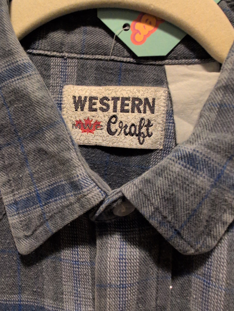 (1224RR3525) Vintage Western Craft Blue Plaid Pearl Snap Long Sleeve