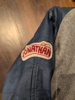 (0625RR3784) Vintage Varsity Patch Jacket Blue Leather Sleeve Grey Felt