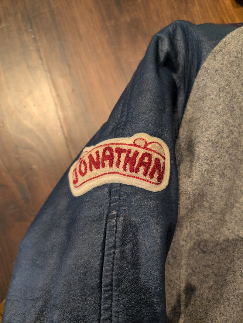 (0625RR3784) Vintage Varsity Patch Jacket Blue Leather Sleeve Grey Felt