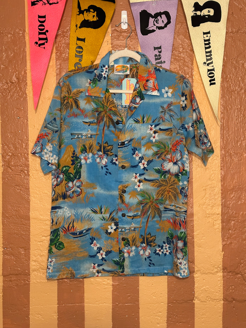 (RR1627) Kennington Blue Floral Hawaiian Style Shirt