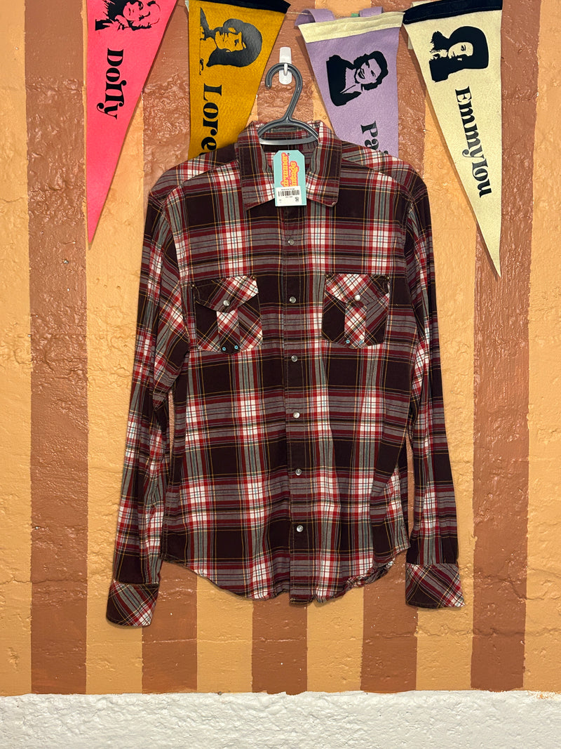 (RR1593) Dark Maroon Checkered Snap Button Western Shirt