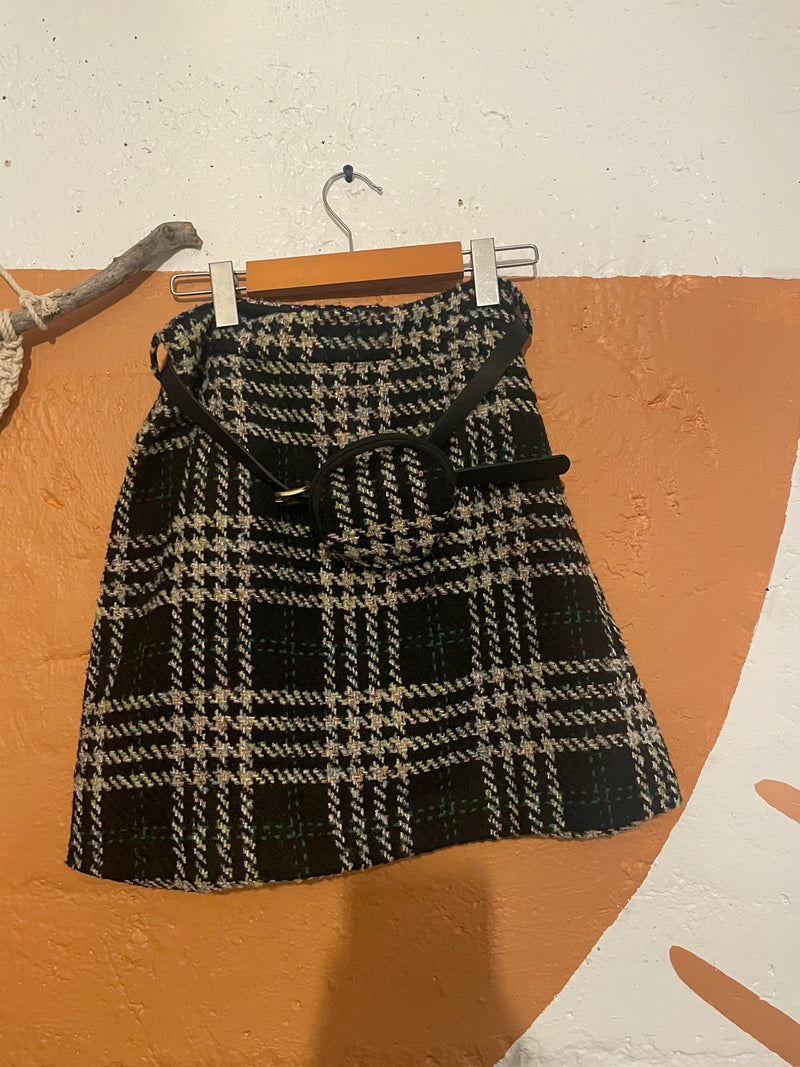 (RR1078) Molly Bracken Black Plaid Skirt with Belt Bag