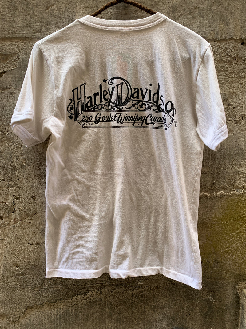 (RR426) Rare White Harley Davidson of Winnipeg Ringer Tee*