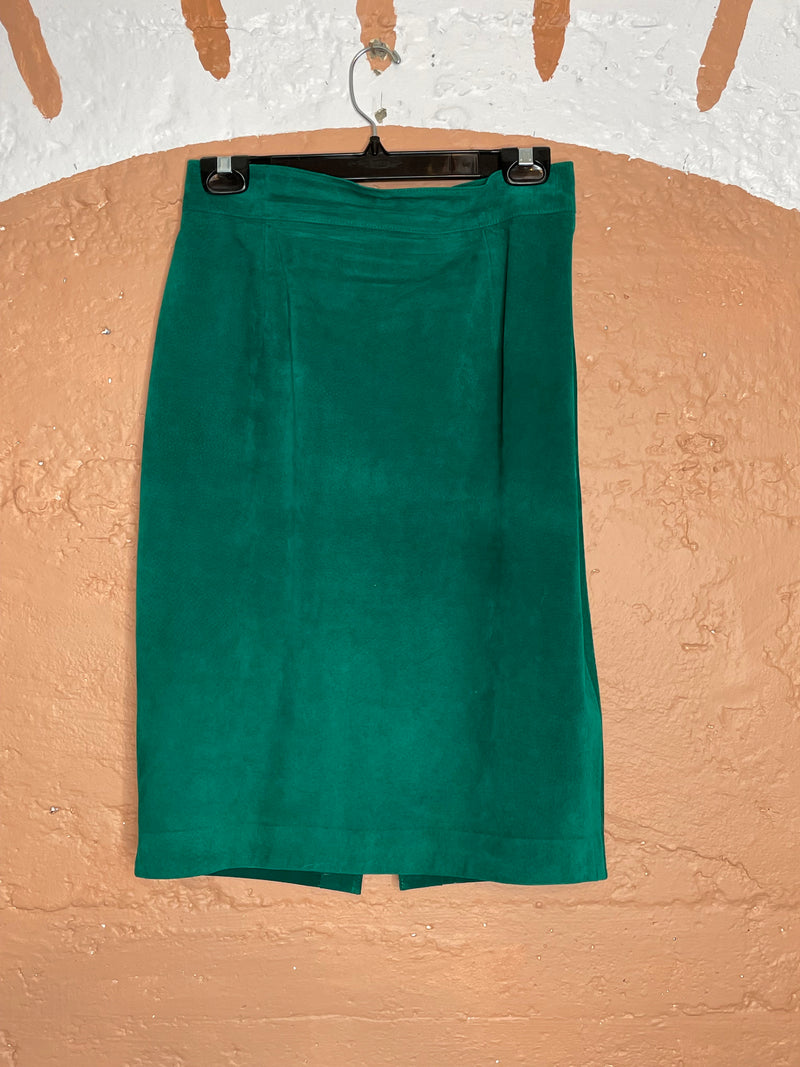 (RR1324B) 80's Emerald Green Suede Mid-Length Skirt (2PCE SUIT)