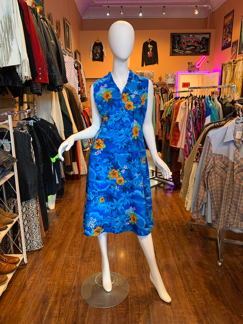 (RR853) Blue Floral Hawaiian Dress by "Royal Hawaiian"