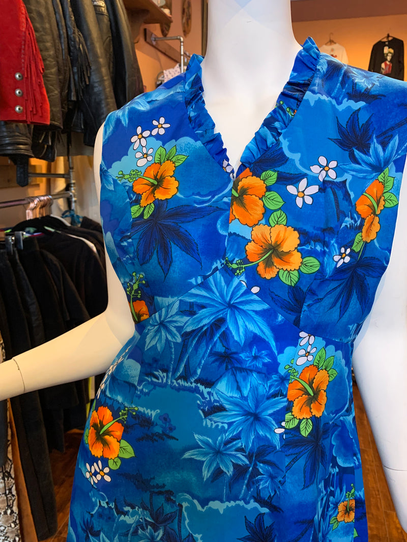 (RR853) Blue Floral Hawaiian Dress by "Royal Hawaiian"