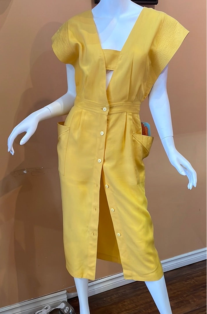 (RR1612) 80's Mellow Yellow Linen Shift Dress